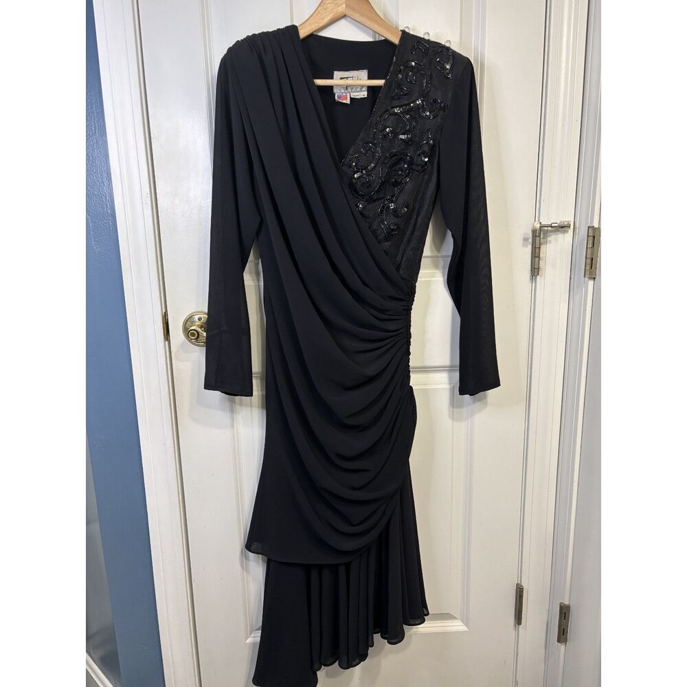 Vintage Tadashi Black Asymmetrical Beaded Draped Cocktail Dress Size 8